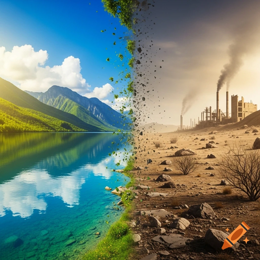 A split landscape image showing a vibrant natural lake and green mountains on the left, contrasted with a barren, polluted industrial desert on the right.