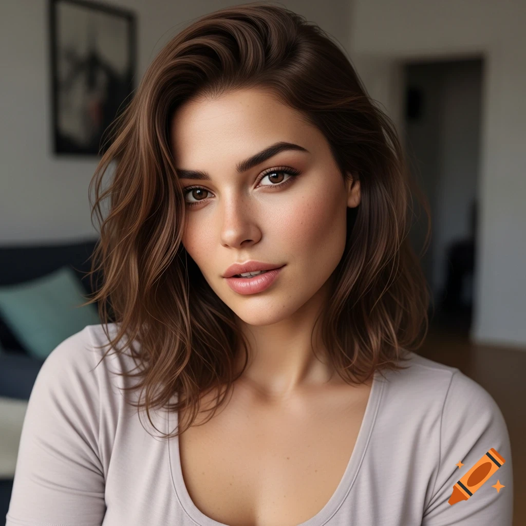 Photorealistic portrait of a woman with brown wavy hair and warm brown eyes, looking at the viewer with a sensual expression.