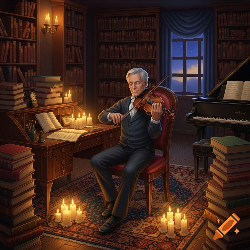 An old man in a suit plays a violin in a richly detailed, candlelit library, surrounded by stacks of books and a grand piano.