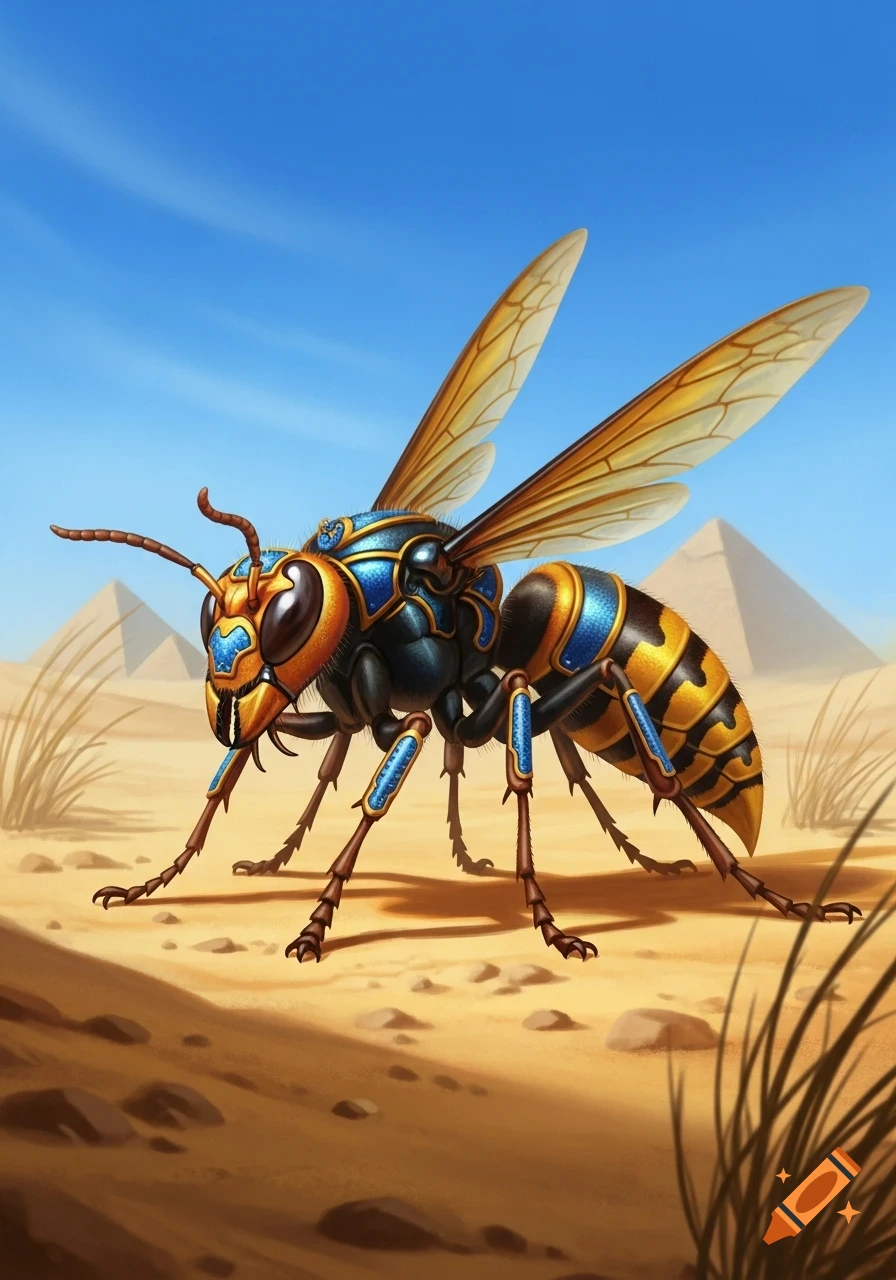 A vibrant, detailed illustration of an Egyptian armored hornet standing in a desert landscape with pyramids under a clear blue sky.