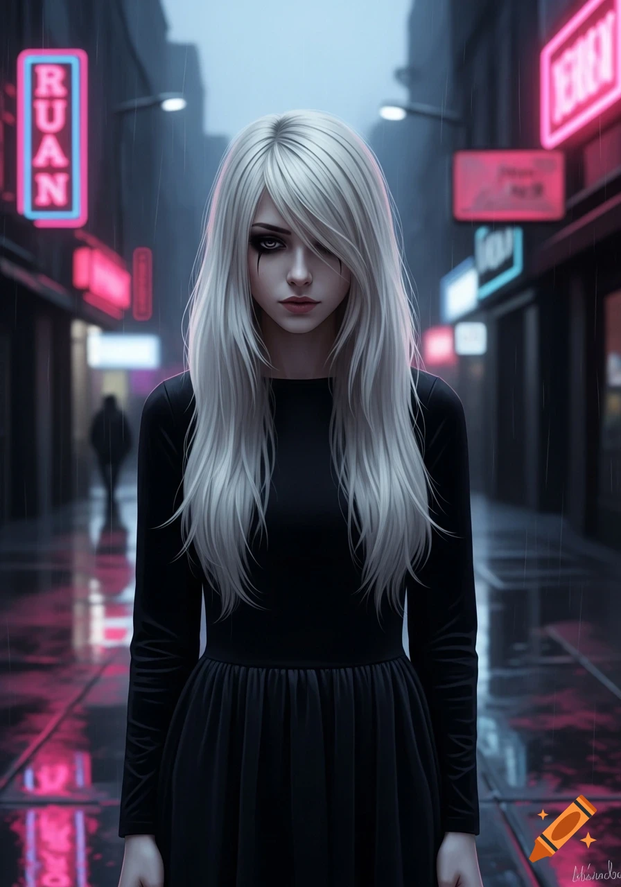 Digital art portrait of an emo girl with long white hair and dark eye makeup, wearing a black dress, standing in a rainy city street at night with neon signs.