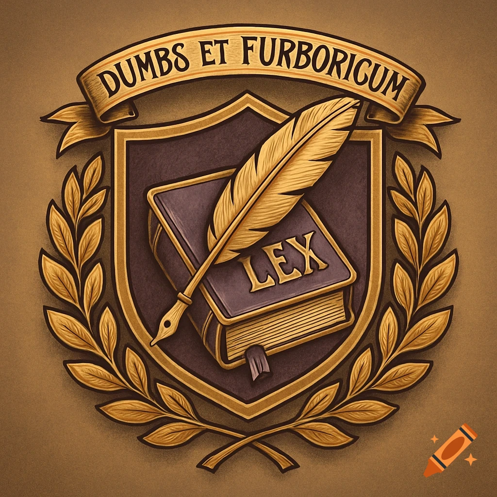 A vintage-style golden and brown emblem featuring a book with 'LEX' and a quill, encircled by a laurel wreath and topped with a banner reading 'DUMBS ET FURBORIGUM'.