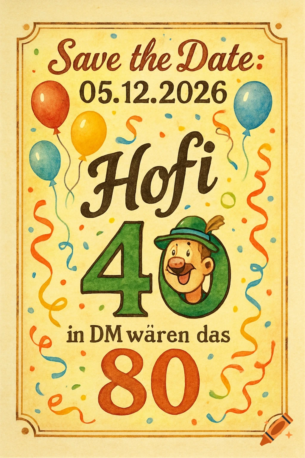 Watercolor birthday card with balloons and confetti, announcing 'Save the Date 05.12.2026: Hofi 40... in DM wären das 80..' and featuring a cartoon man in a Bavarian hat.