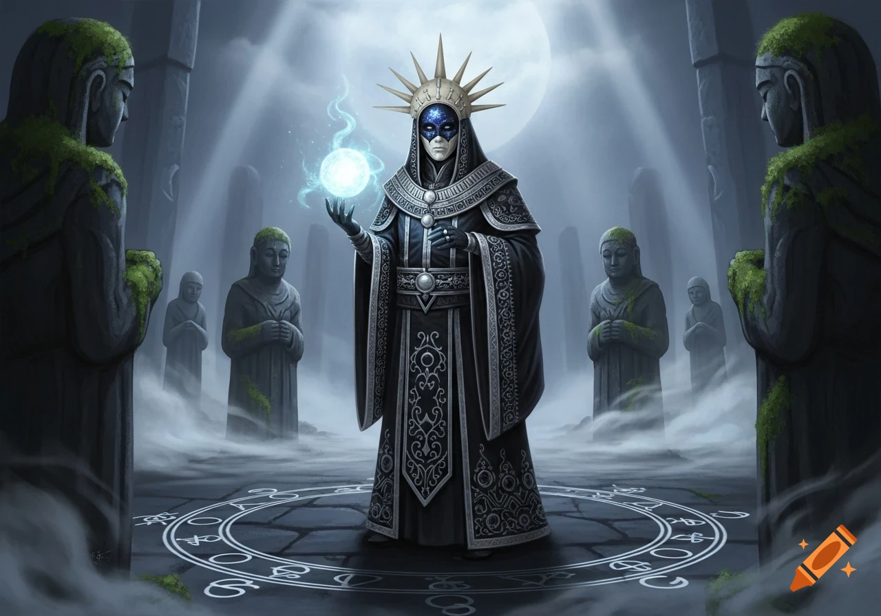 A masked cultist in ornate robes holds a glowing orb in a misty, ancient temple surrounded by moss-covered statues. Dark fantasy art.
