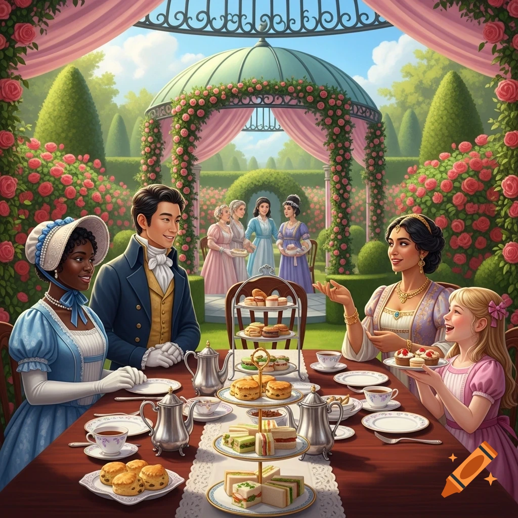 Diverse group in Regency era attire enjoys an elegant tea party in a lush rose garden with a gazebo.