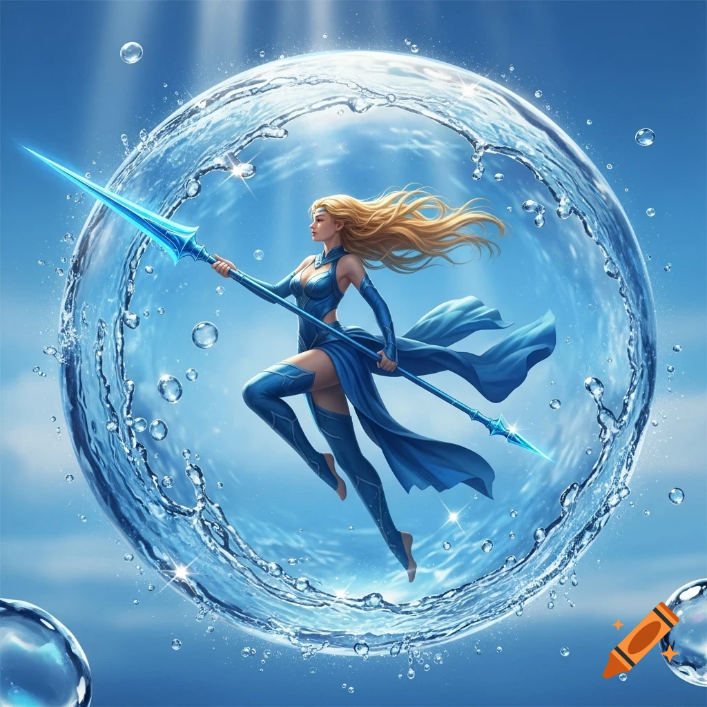 A blonde woman in a blue outfit floats inside a sphere of water, holding a glowing blue spear, against a blue sky.