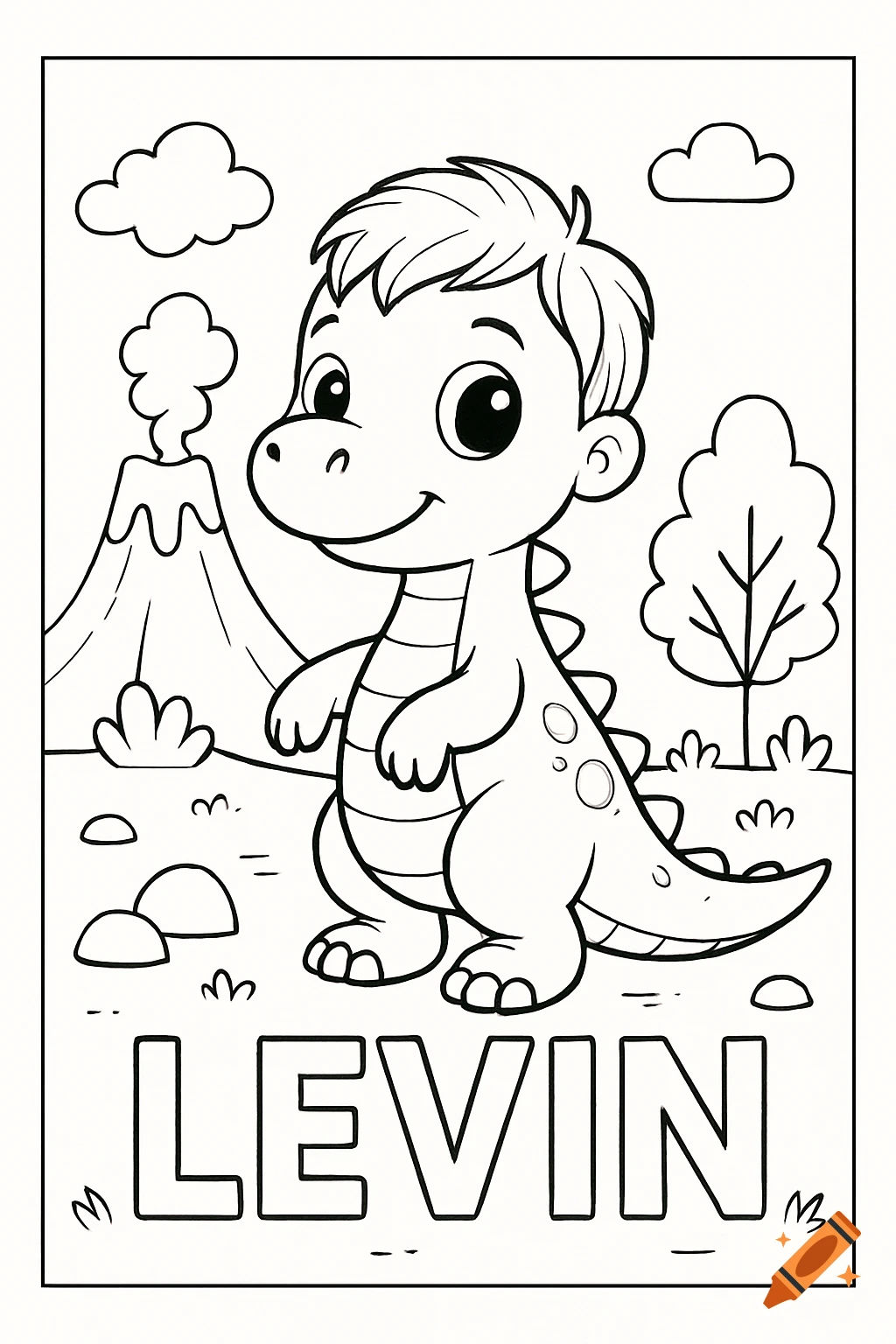 A black-and-white coloring page shows a cute cartoon dinosaur with a boy's haircut, big eyes, a volcano, trees, rocks, and the name LEVIN.