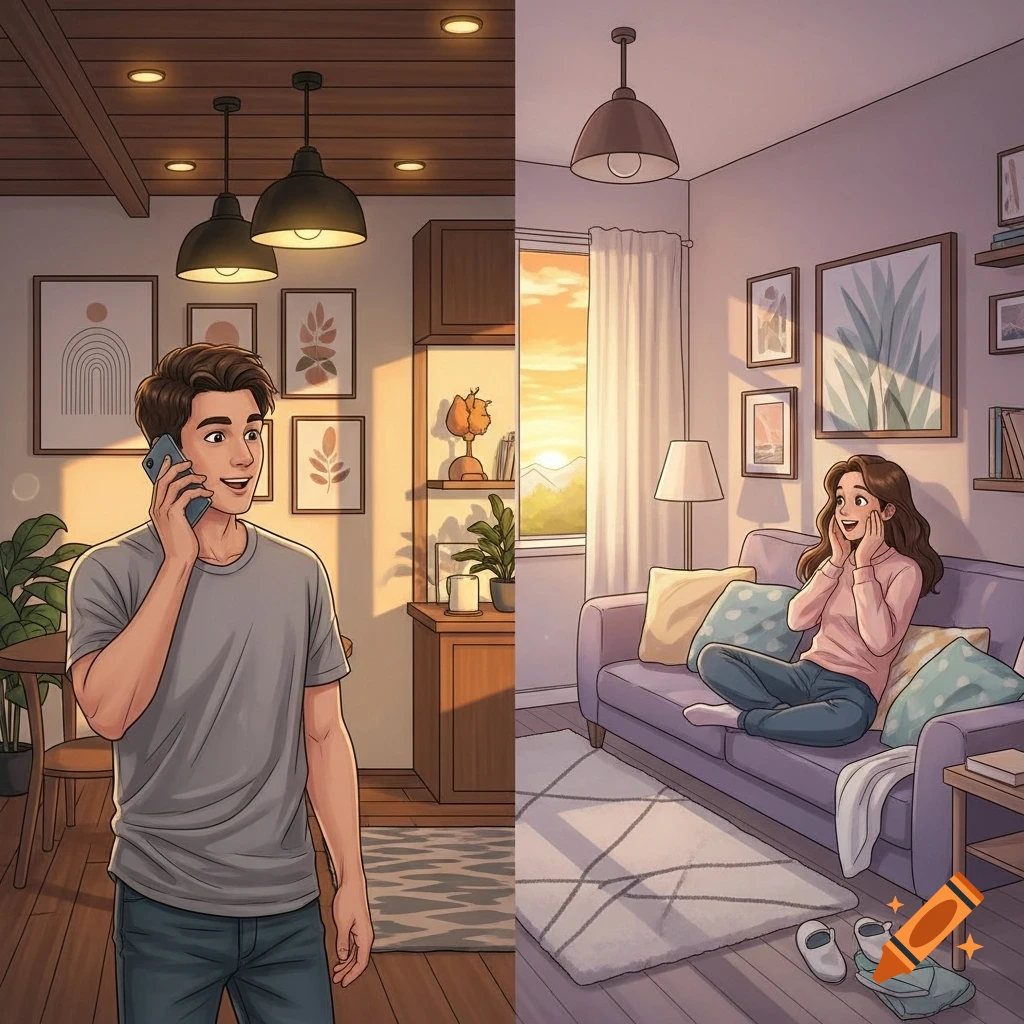 Cartoon split image of a man on the phone and a surprised woman on a sofa in their homes.