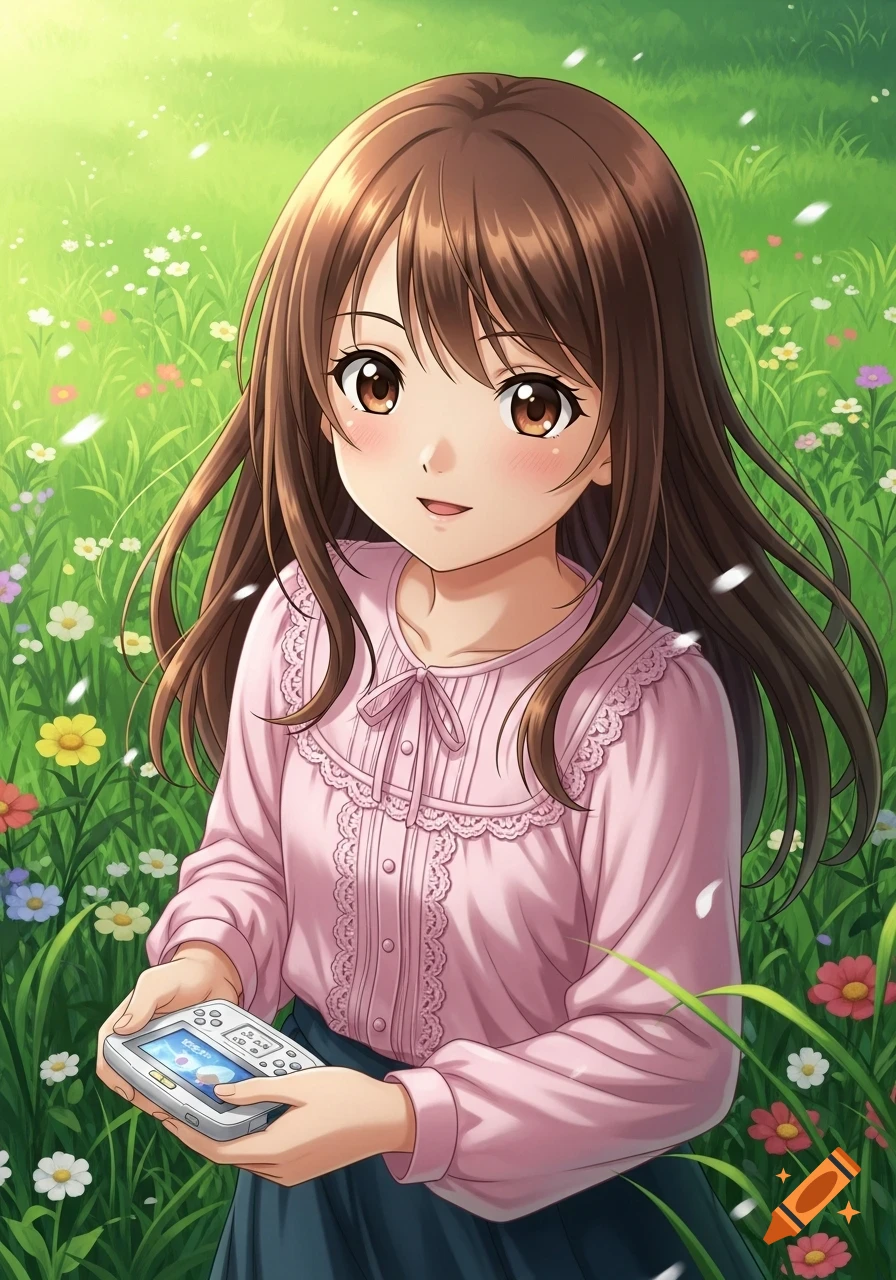 Anime girl with brown hair in a pink blouse holding a handheld gaming device in a vibrant green field of colorful flowers.