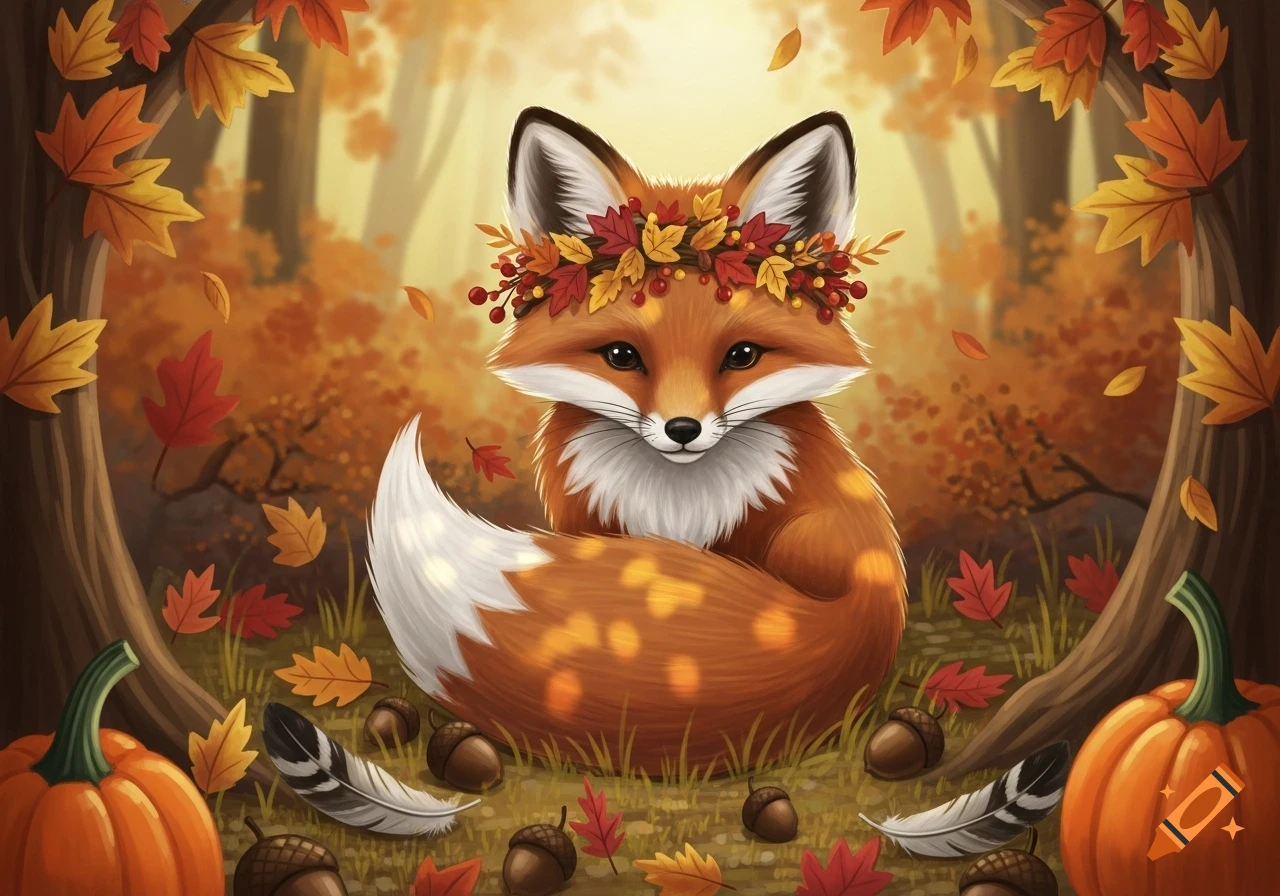 A cute stylized fox wearing a leaf crown sits in an autumn forest with falling leaves, pumpkins, and acorns.