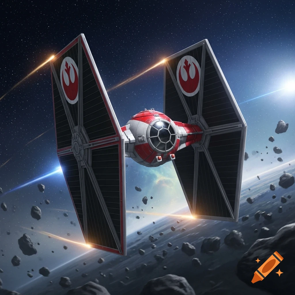A red and white TIE fighter with Rebel Alliance symbols flies through an asteroid field above a planet in space.
