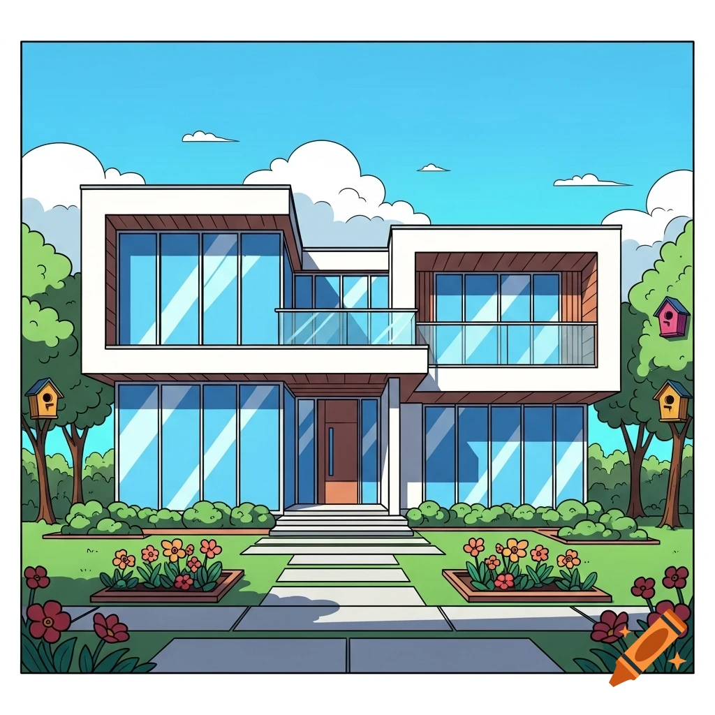 Front view of a modern house with large windows, a balcony, and a yard with flowers and trees, in a vibrant comic style.