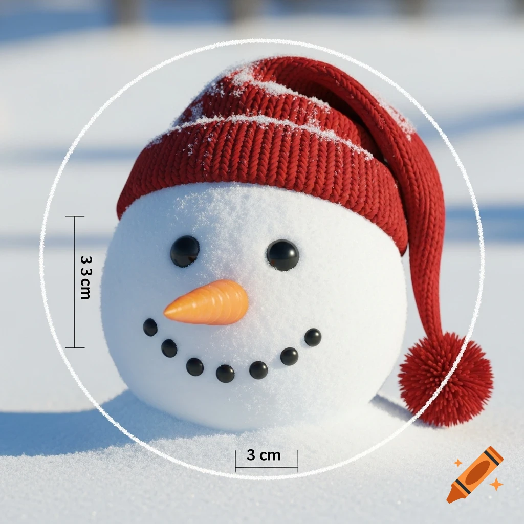 Close-up photorealistic image of a snowman's head wearing a red knitted hat, with black eyes and mouth, and a carrot nose, standing in snow. Measurement lines indicate '3.3 cm' vertically and '3 cm' horizontally, within a white dotted circle.