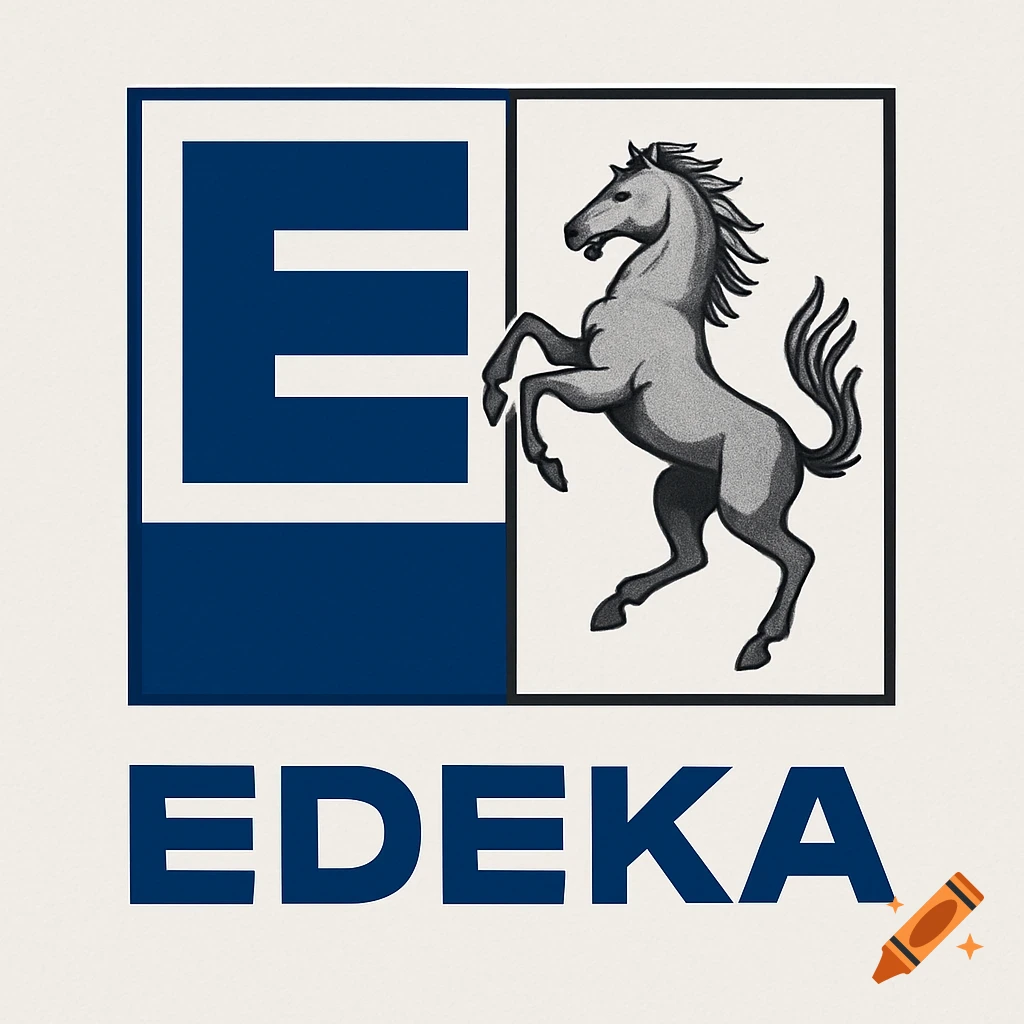EDEKA logo featuring a large blue 'E' next to a grey rearing horse, all on a white background.