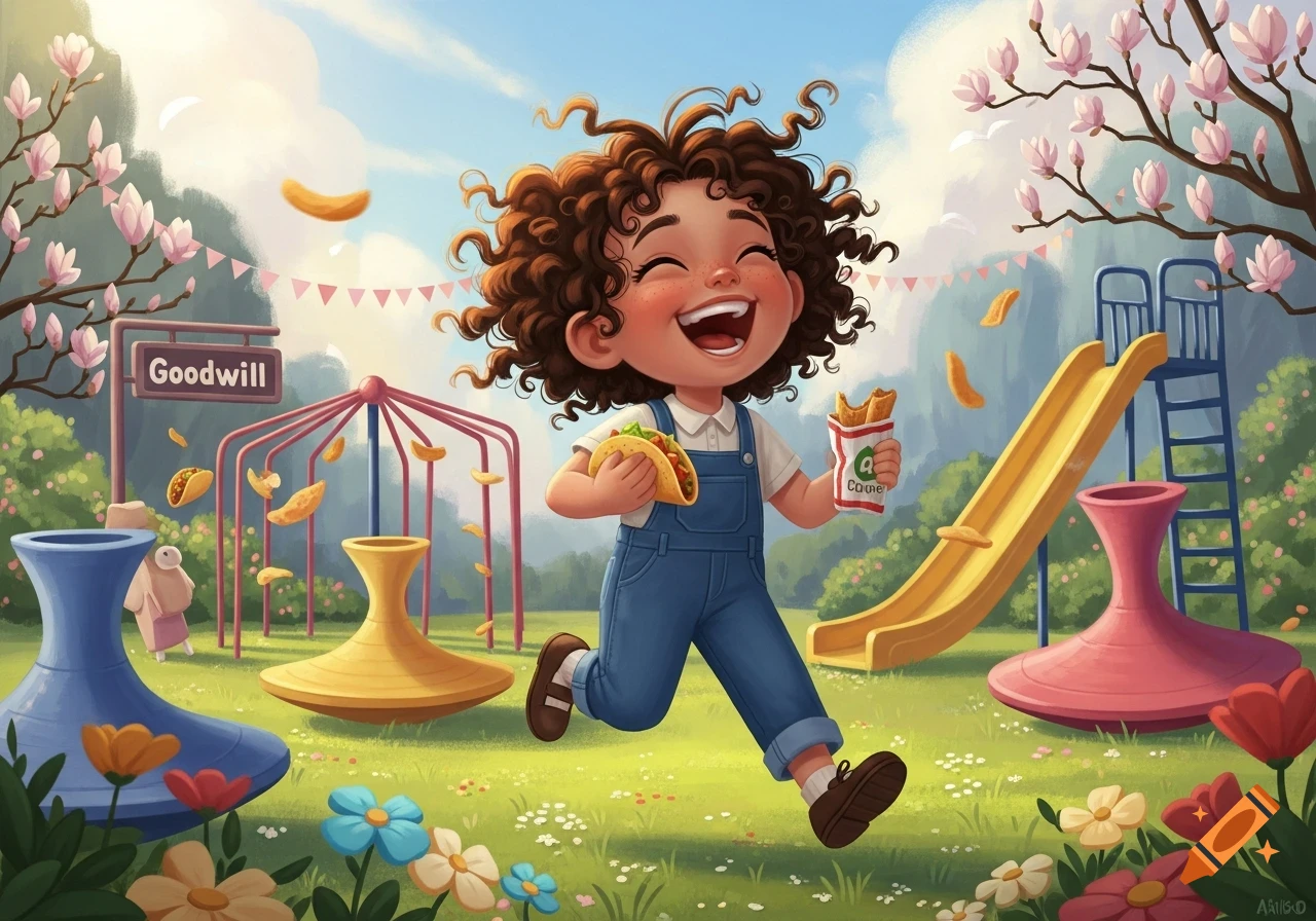 A happy, curly-haired child runs through a park holding a taco and egg rolls, with a Goodwill sign and playground equipment nearby, in a bright cartoon illustration.