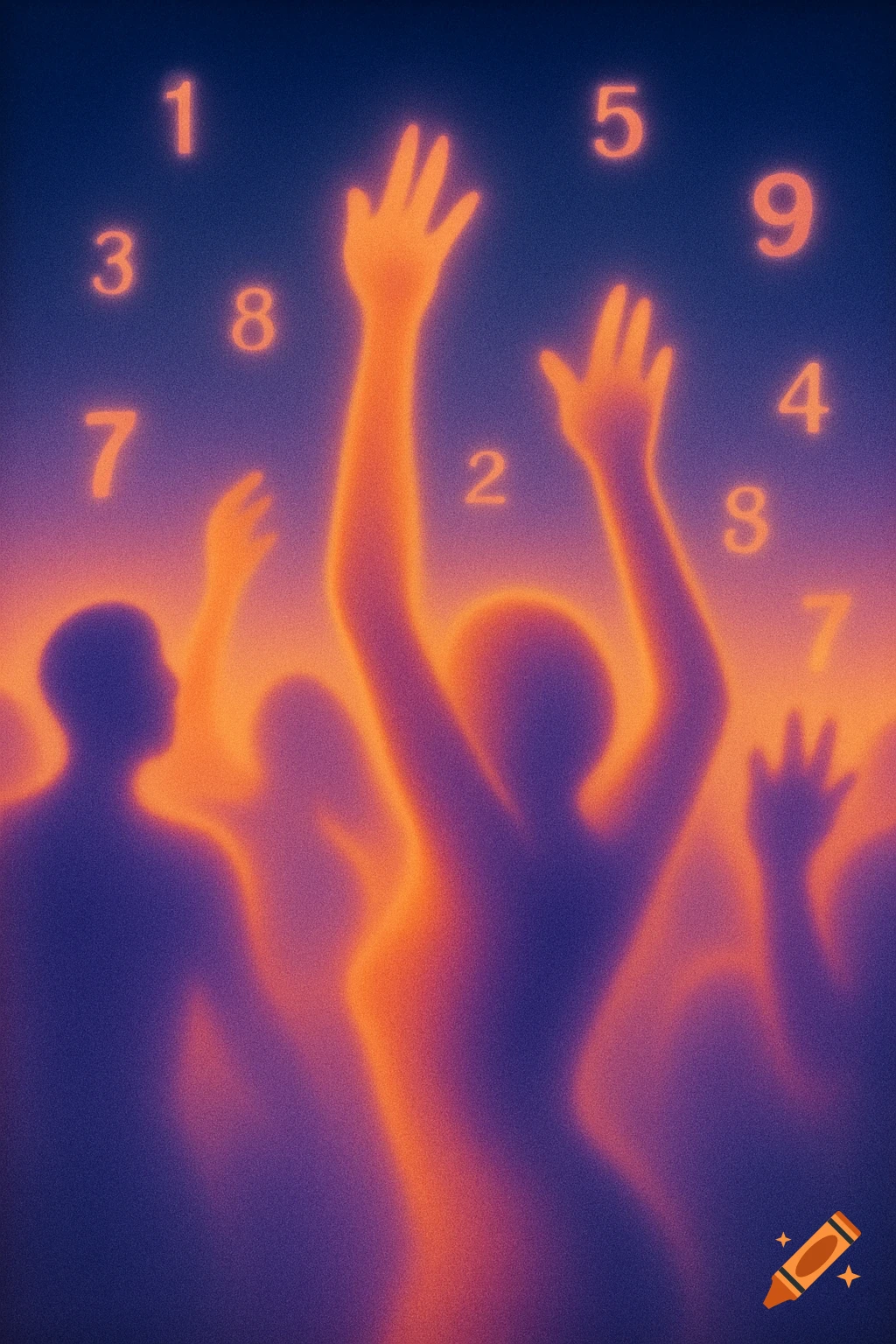 Abstract glowing orange and purple figures with hands raised against a dark blue-purple background with floating numbers, in a soft, grainy, psychedelic style.