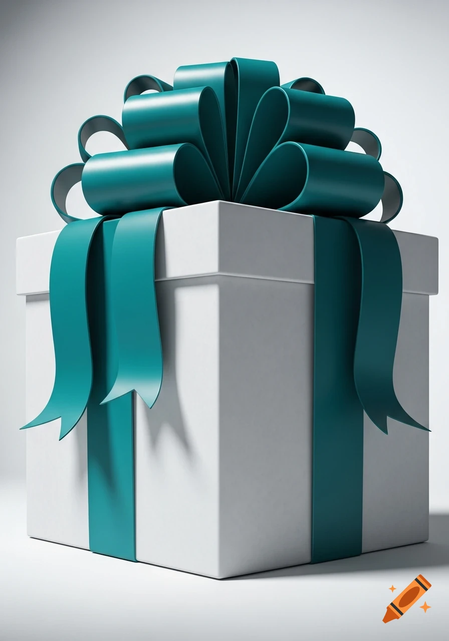 A large, white gift box with a teal bow and ribbon in a clean studio setting.