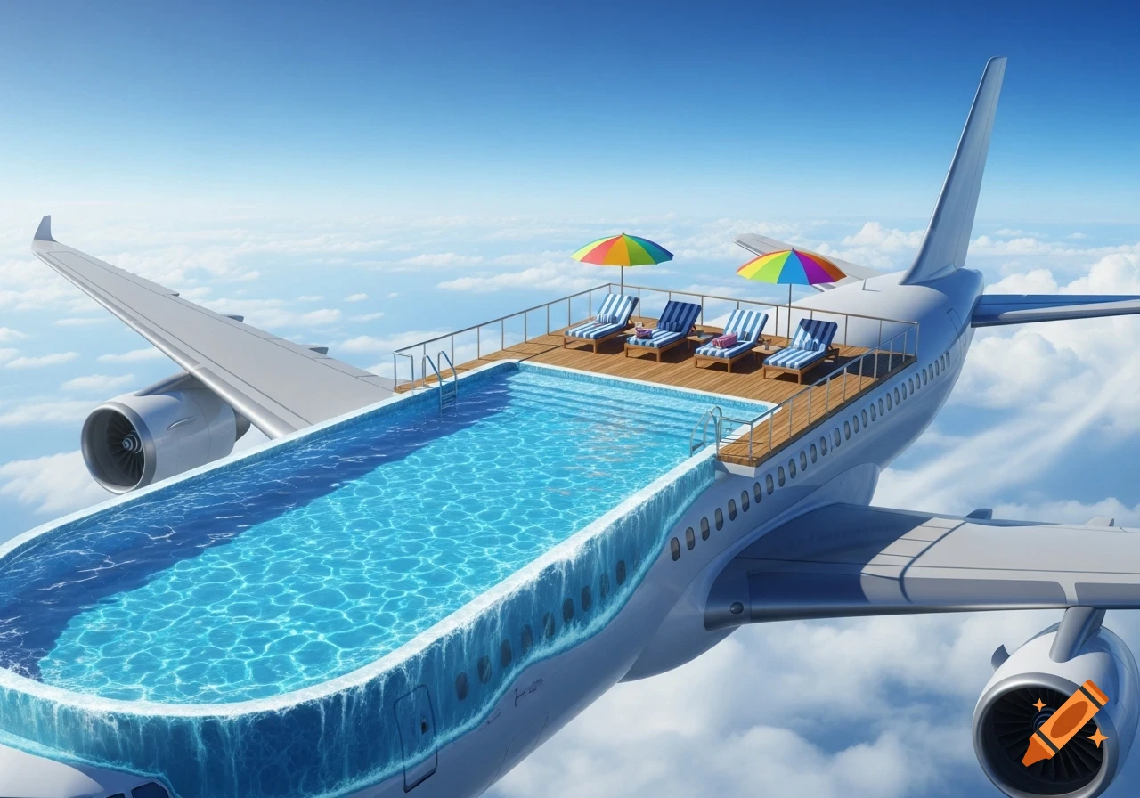 A photorealistic image of a commercial airplane flying high above the clouds, with a large swimming pool, lounge chairs, and colorful umbrellas on its roof.