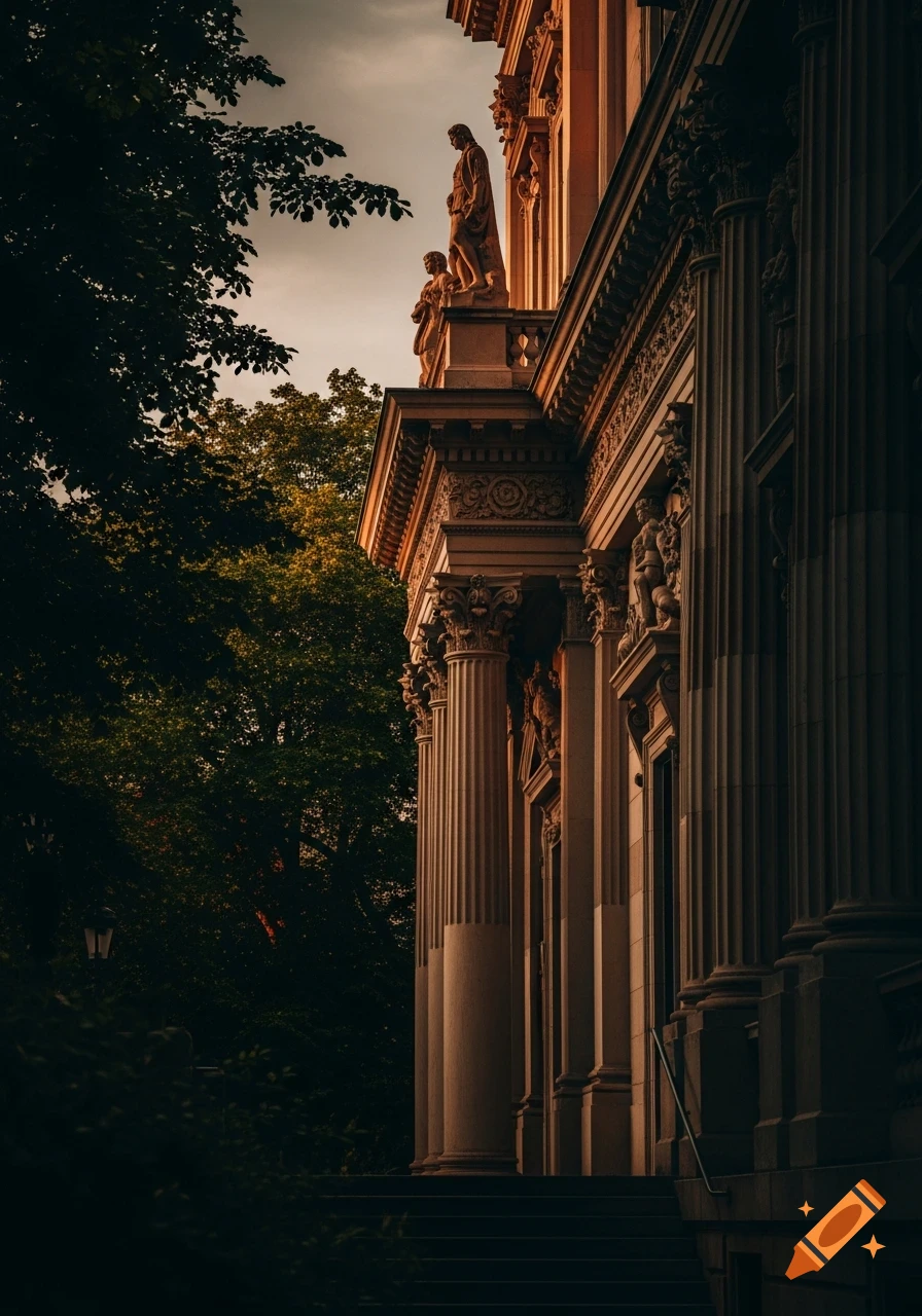 A classical building with columns and statues, framed by dark trees, bathed in the warm light of golden hour.