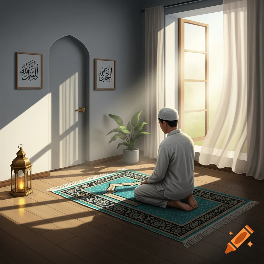 A man kneels on a prayer rug in a sunlit room with Arabic calligraphy on the wall, performing Salat.