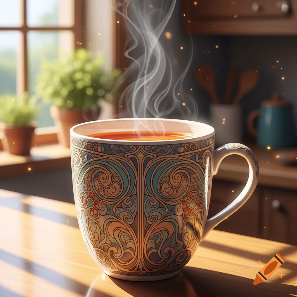 A steaming mug with an ornate, colorful pattern sits on a wooden counter in a sunlit kitchen.