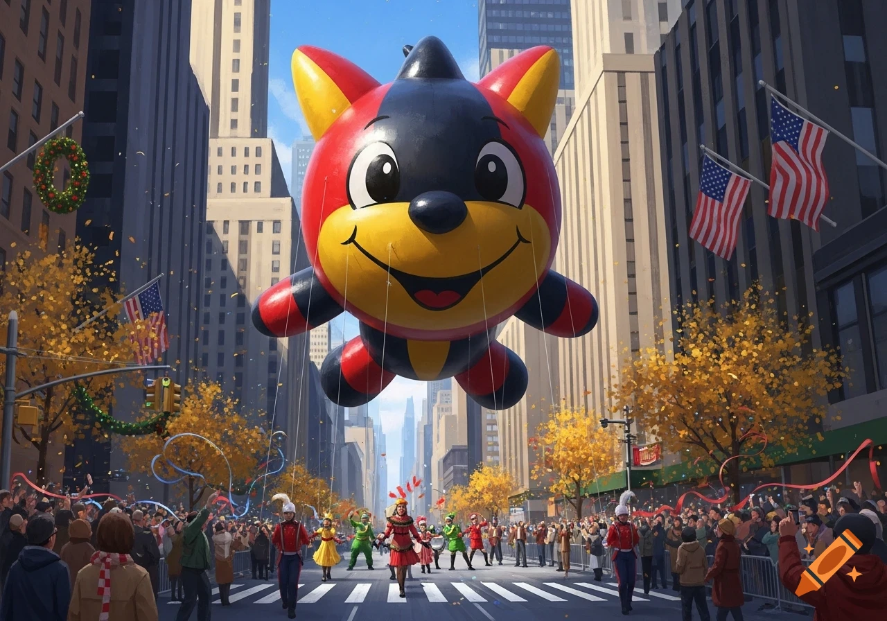 A large red and black cartoon animal balloon floats down a city street during a festive Thanksgiving parade.