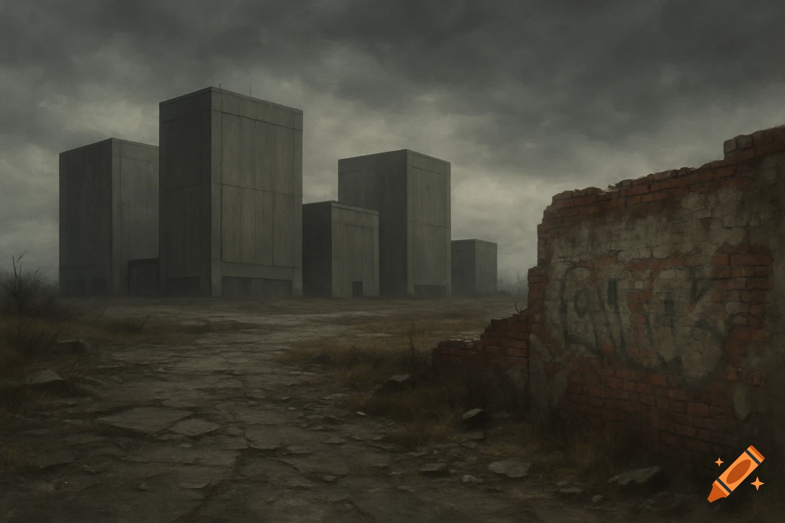 A bleak, desolate landscape with concrete buildings under a grey sky, and a partially collapsed brick wall with faded graffiti in the foreground.