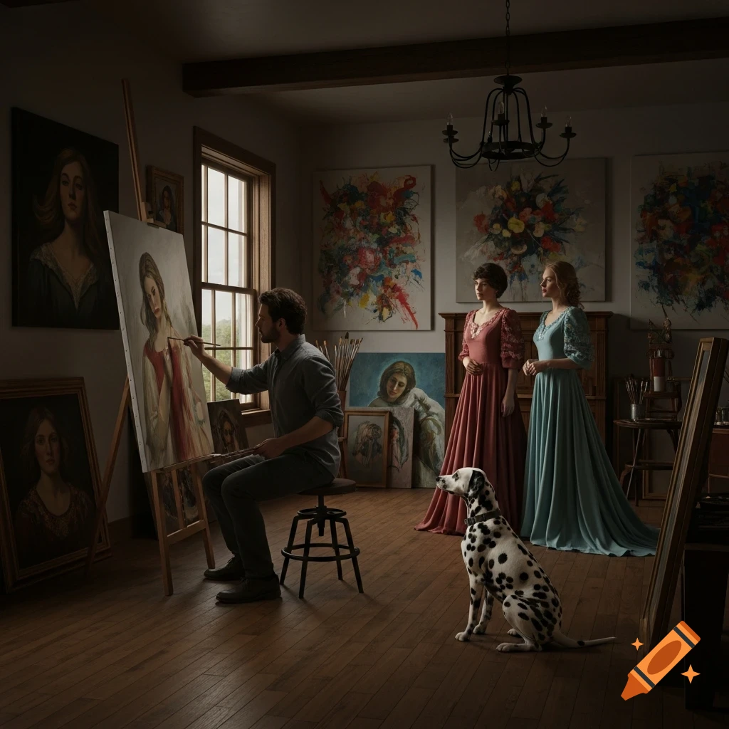 A male artist paints a portrait of two women in an art studio, while a Dalmatian dog sits on the wooden floor. Diverse paintings hang in the background.