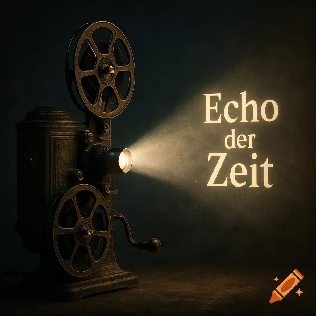 An old, nostalgic film projector with a hand crank projects 'Echo der Zeit' in a light beam in a dark, retro room.