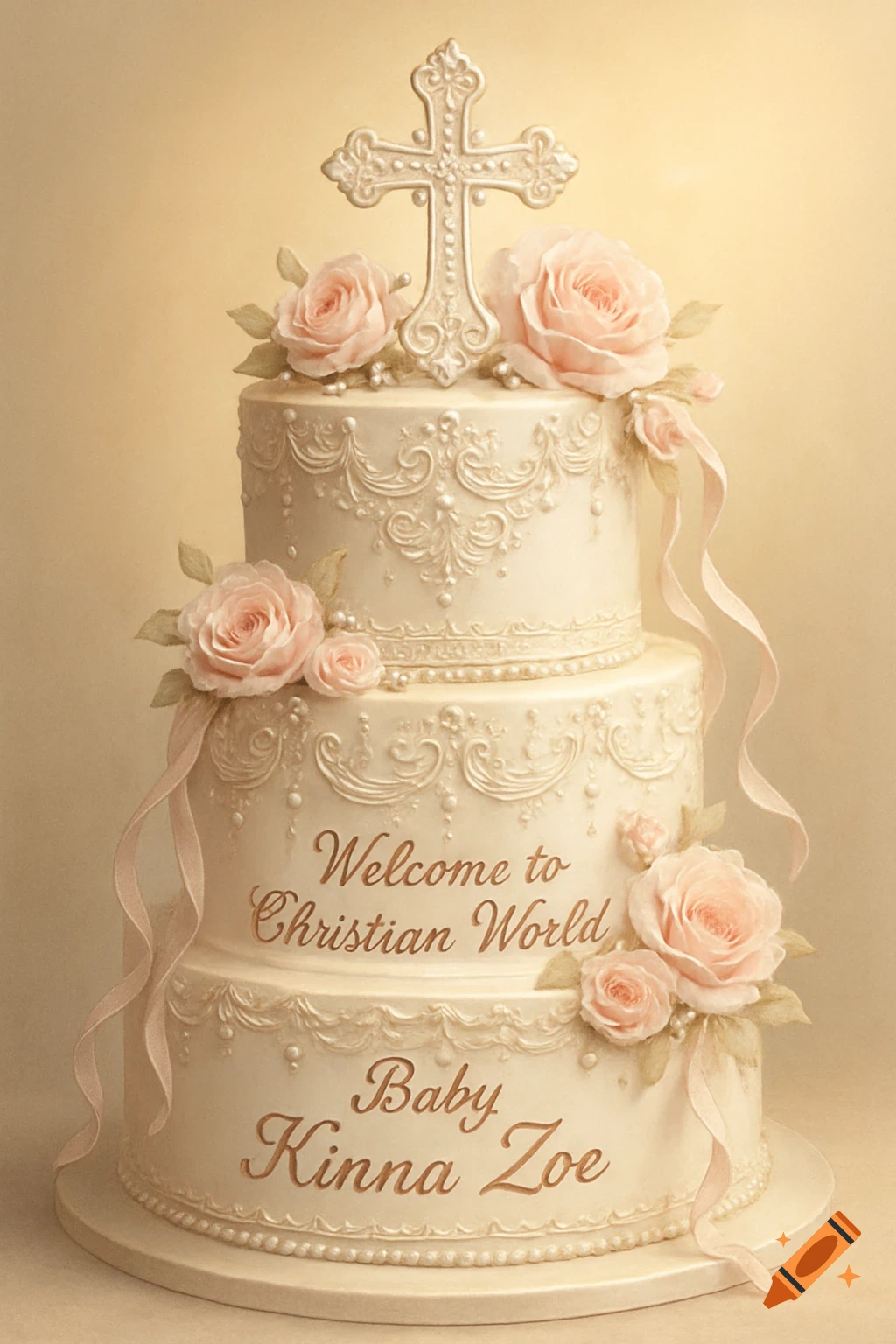 A three-tiered white cake adorned with pink roses, pearl accents, a decorative cross on top, and the text "Welcome to Christian World Baby Kinna Zoe".