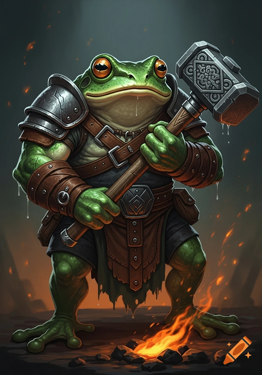 A powerful frog blacksmith in detailed armor holds a large, ornate hammer, standing amidst glowing embers and fire.
