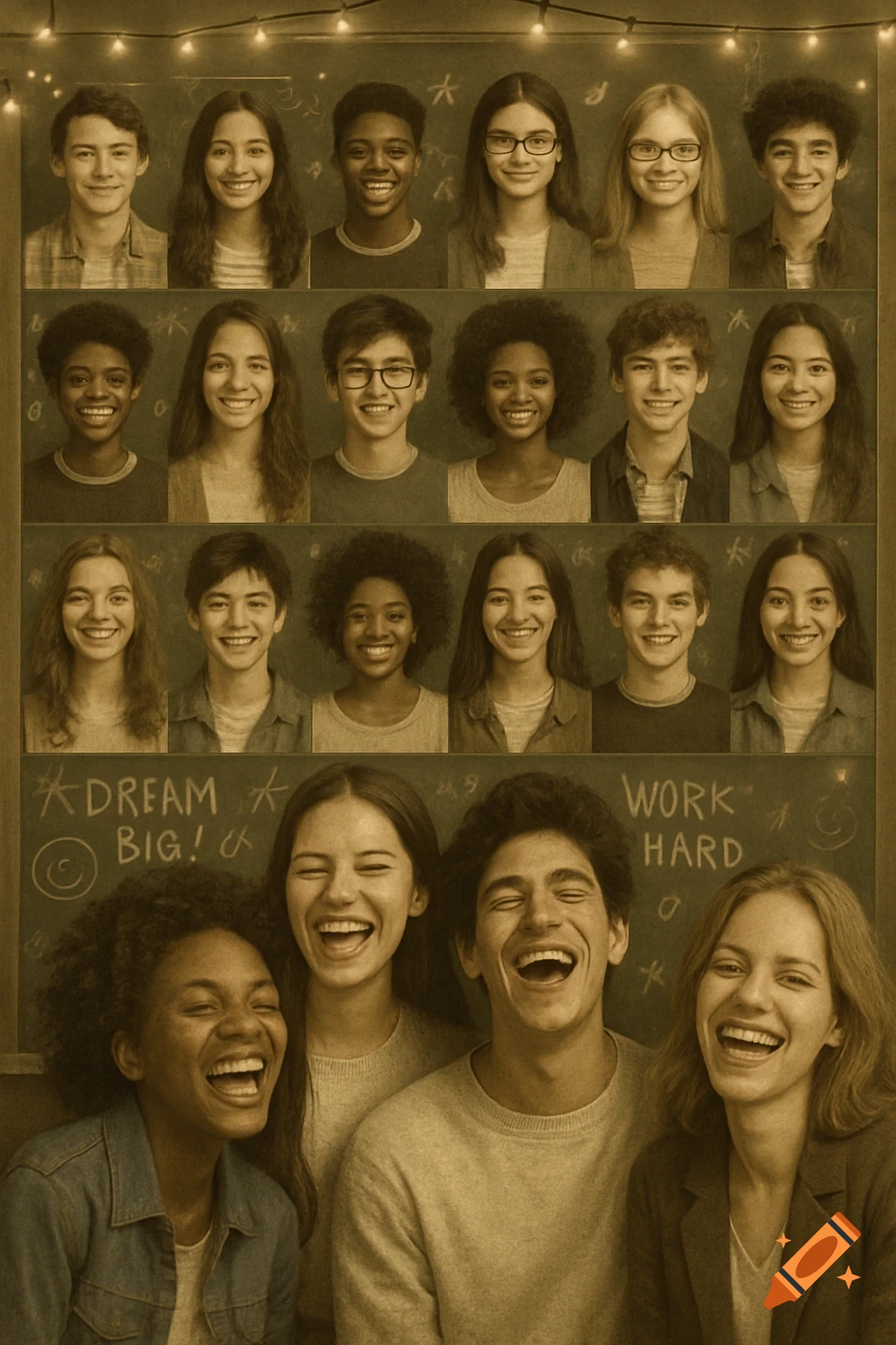 Sepia-toned composite of diverse smiling students against a chalkboard, with four laughing in the foreground.
