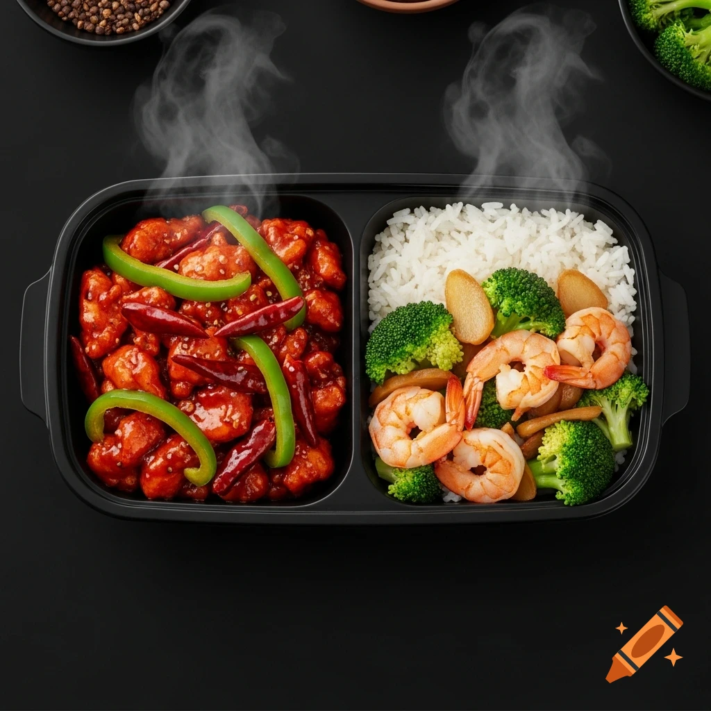 Steaming Chinese meal in a black divided container with chili chicken, peppers, rice, shrimp, broccoli, and vegetables.