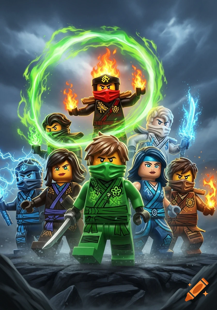 A group of Lego Ninjago ninja characters with elemental powers, including fire, lightning, and green energy, pose as a team.