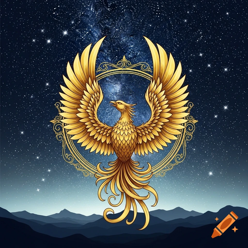 Golden phoenix emblem with outstretched wings, framed by an ornate circle, against a starry night sky and mountains.