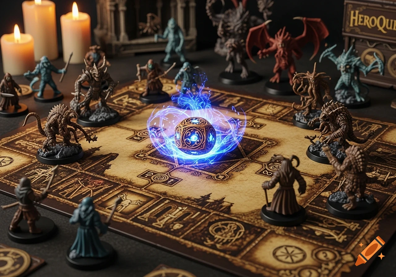 Close-up of a fantasy board game with monster miniatures, a glowing magical die, and lit candles on a dark background.