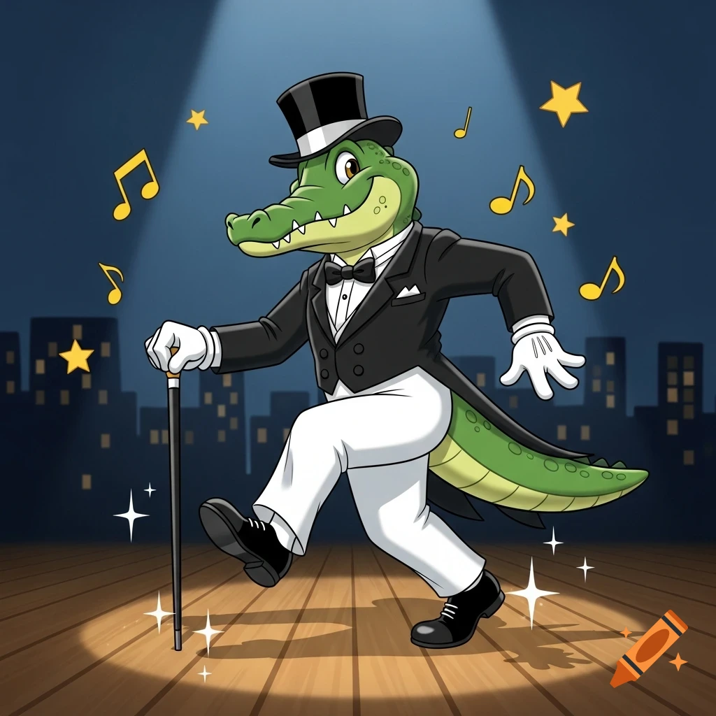 A friendly anthropomorphic cartoon alligator in a tuxedo, top hat, and tap shoes tap dances on a stage with a cane.