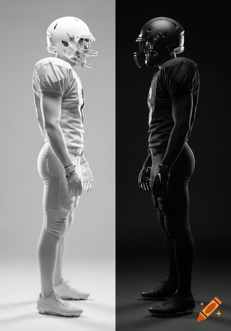 A photorealistic side profile of two American football players standing upright, one in a white uniform against a white background, the other in a black uniform against a black background.