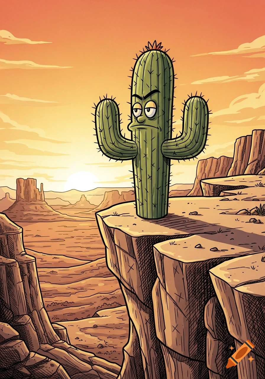 A grumpy cartoon cactus stands on a desert cliff overlooking mesas at sunset.
