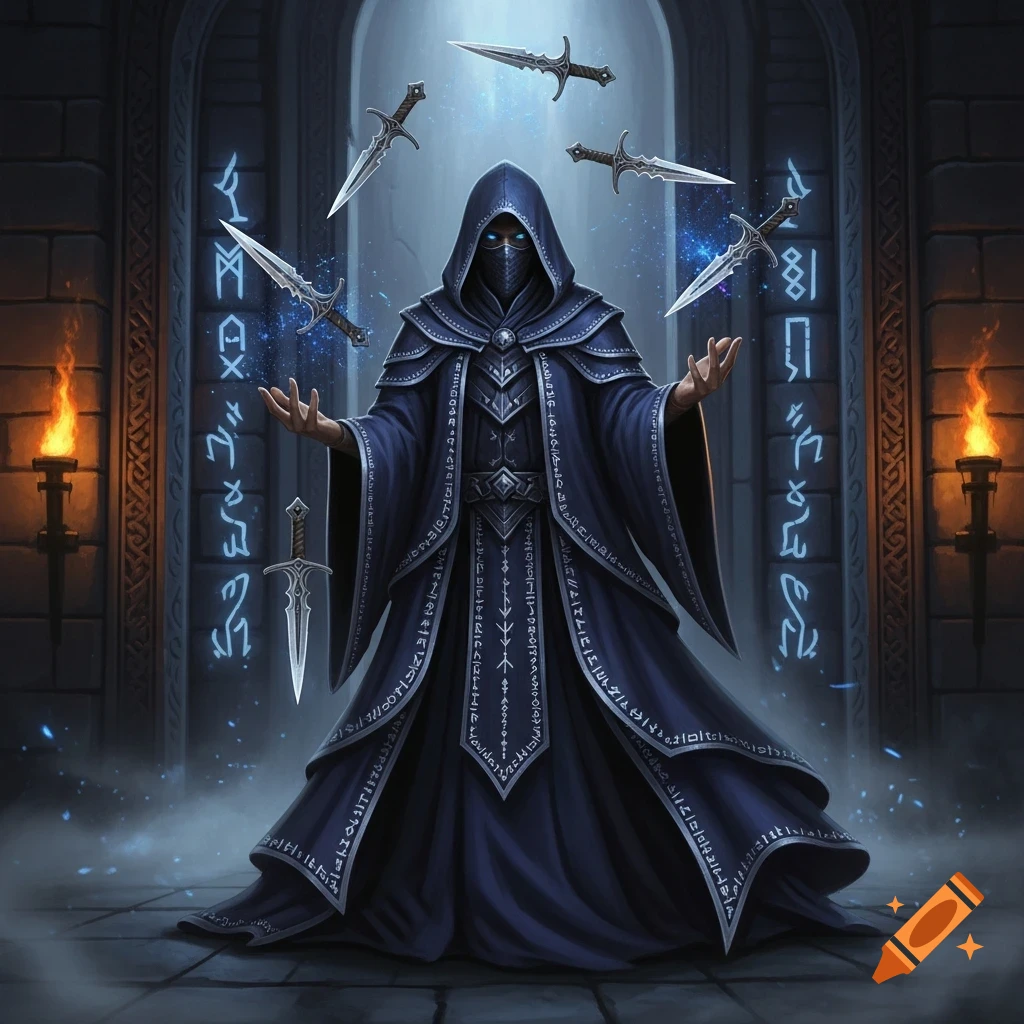A mysterious hooded wizard in dark robes with glowing blue eyes stands in an archway, conjuring multiple daggers that float around him amidst blue magical runes. Torches flank the ancient stone setting.