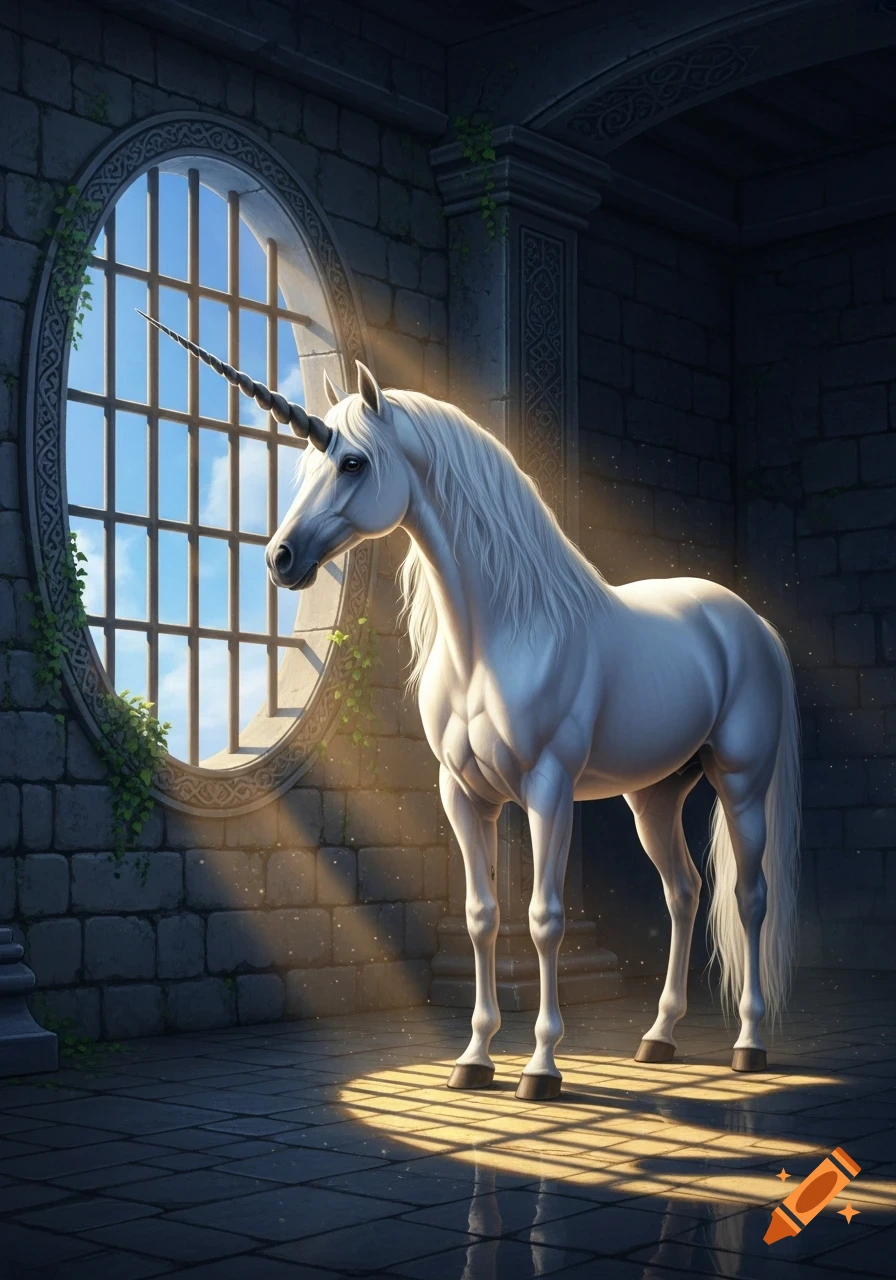 A brilliant white unicorn with a black spiral horn stands in a stone prison cell, looking out an oval barred window at a blue sky.