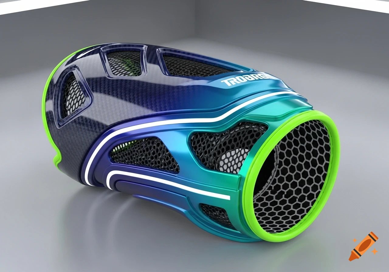 A 3D render of a futuristic sports wrist guard with a blue-green metallic gradient, carbon fiber texture, and mesh vents.