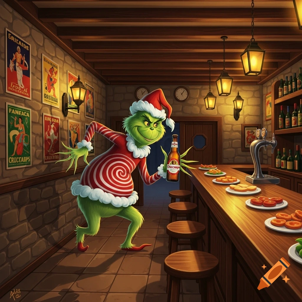 The Grinch, wearing a Santa hat and a red and white striped outfit, holds a bottle of Cruzcampo beer in a dimly lit, cozy tavern with posters on the stone wall and snacks on the wooden bar.