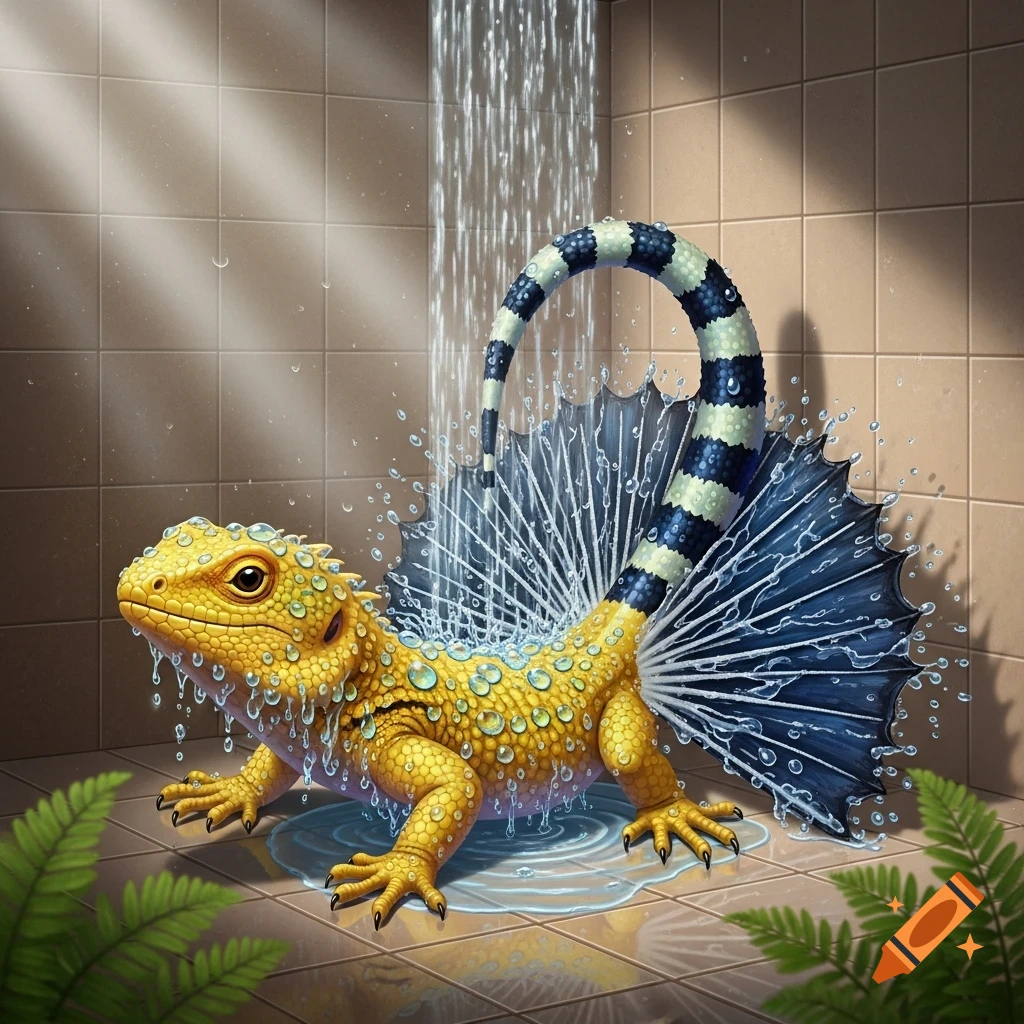 A yellow lizard with a black and white striped tail takes a shower in a tiled bathroom, covered in water droplets.
