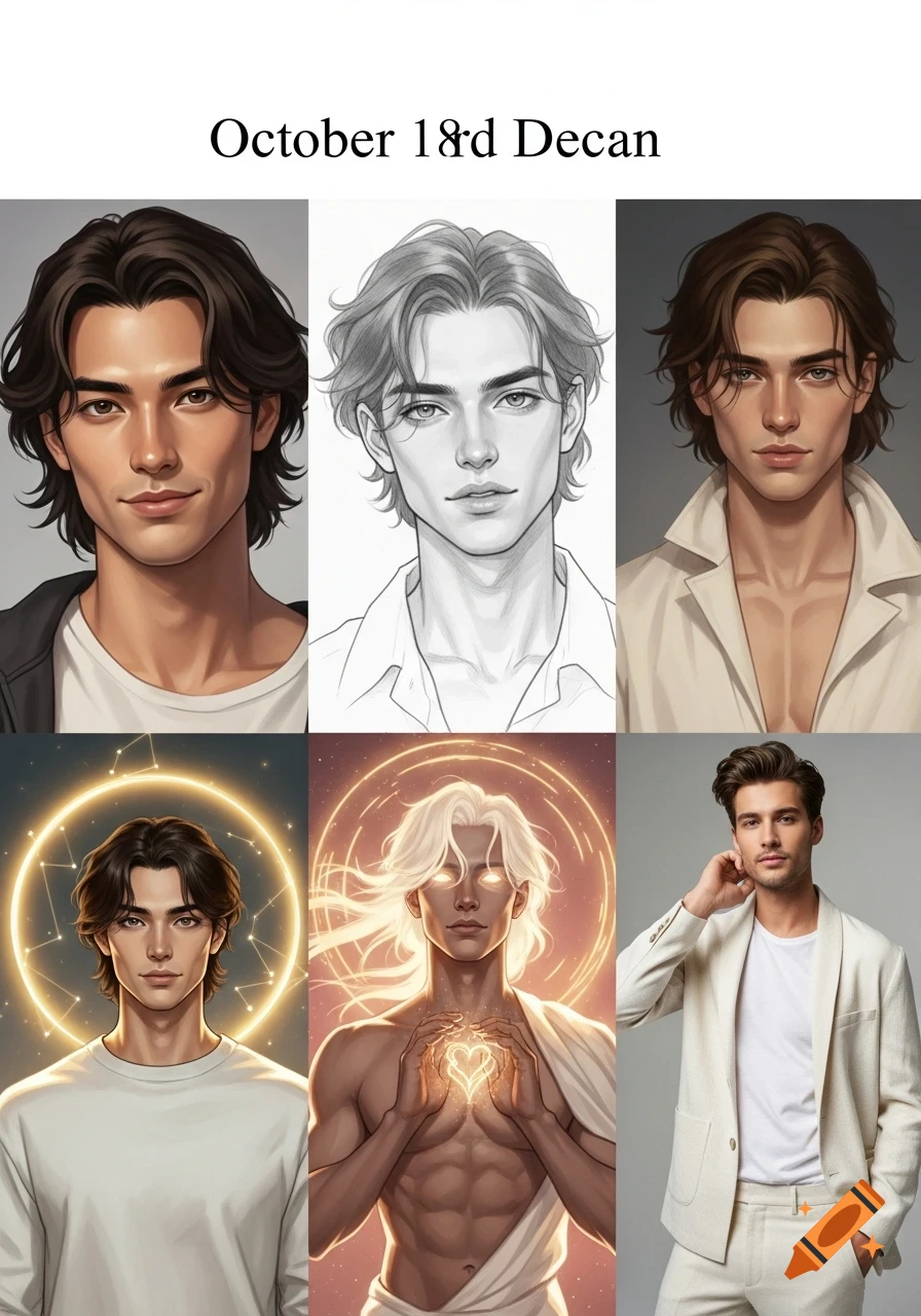 A collage of six diverse artistic male portraits, including realistic, sketch, and ethereal styles, set against astrological themes.