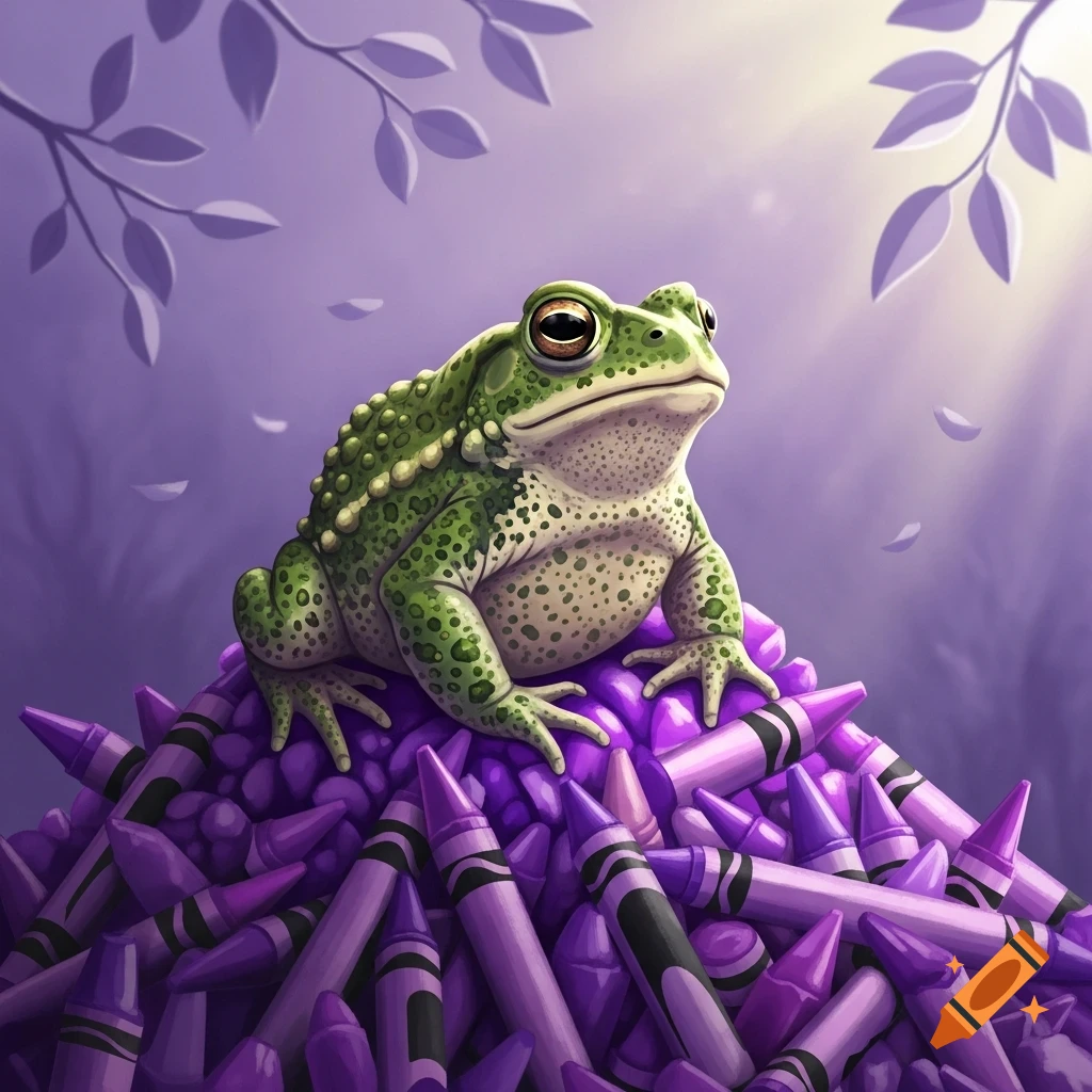 A vibrant green toad with speckled skin sits atop a large pile of scattered purple crayons in a soft, illustrated style.