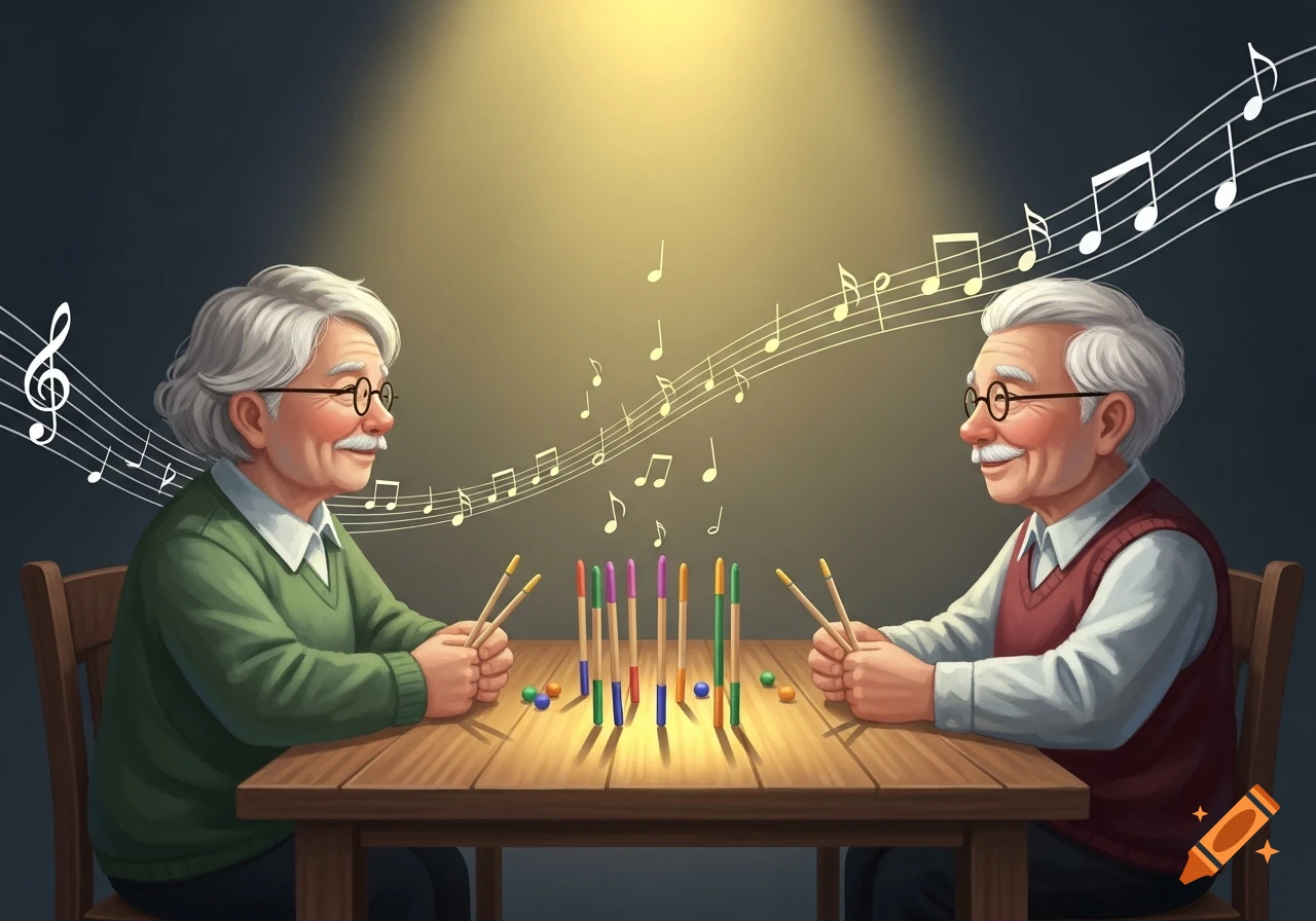 Two smiling elderly men play a game with colorful sticks on a table, surrounded by musical notes under a warm spotlight.