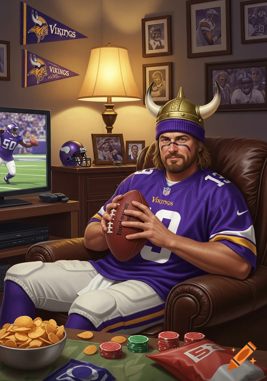 A man in a Vikings jersey and horned helmet sits in an armchair holding a football, watching an American football game on TV.