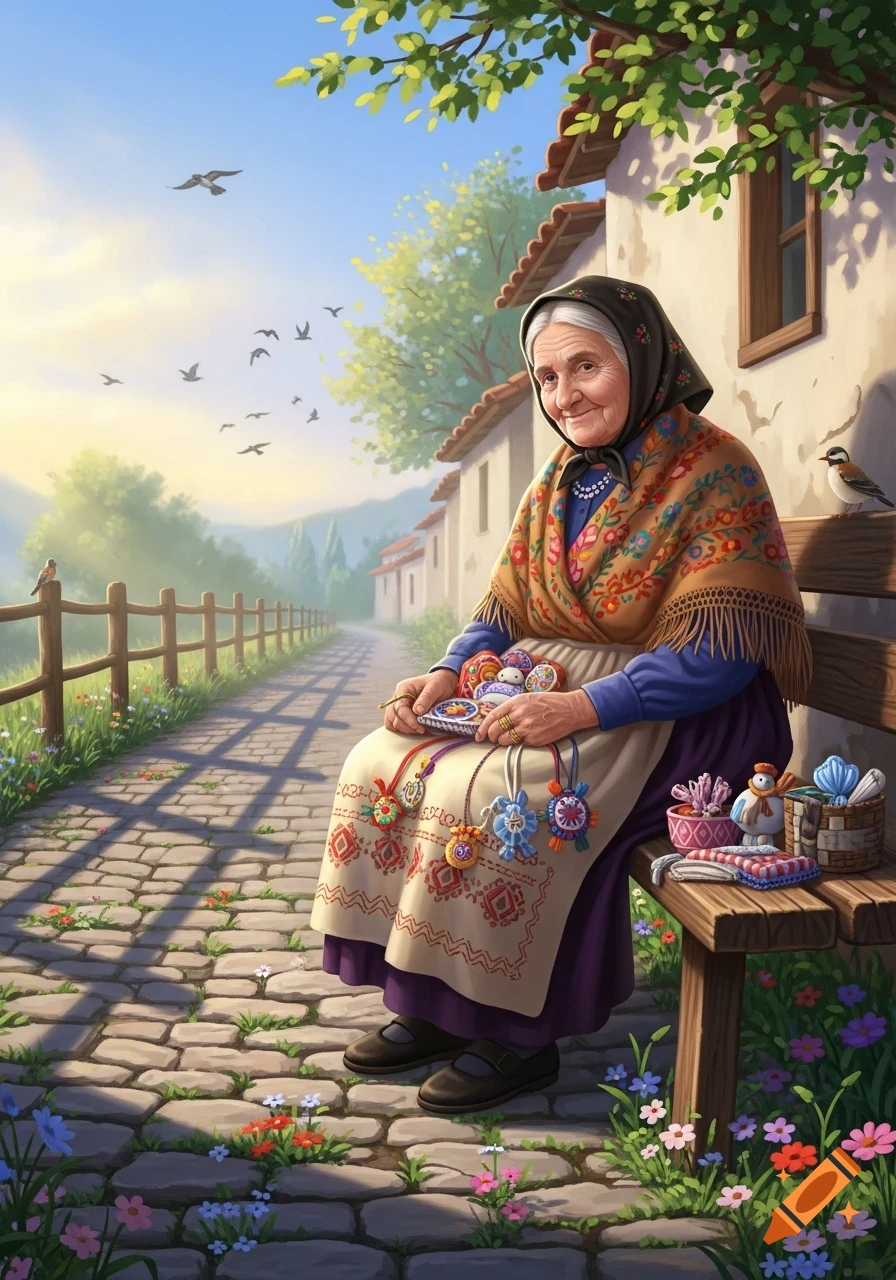 Illustrated old woman in traditional attire sitting on a bench, crafting colorful items on a cobblestone path in a sunny village.