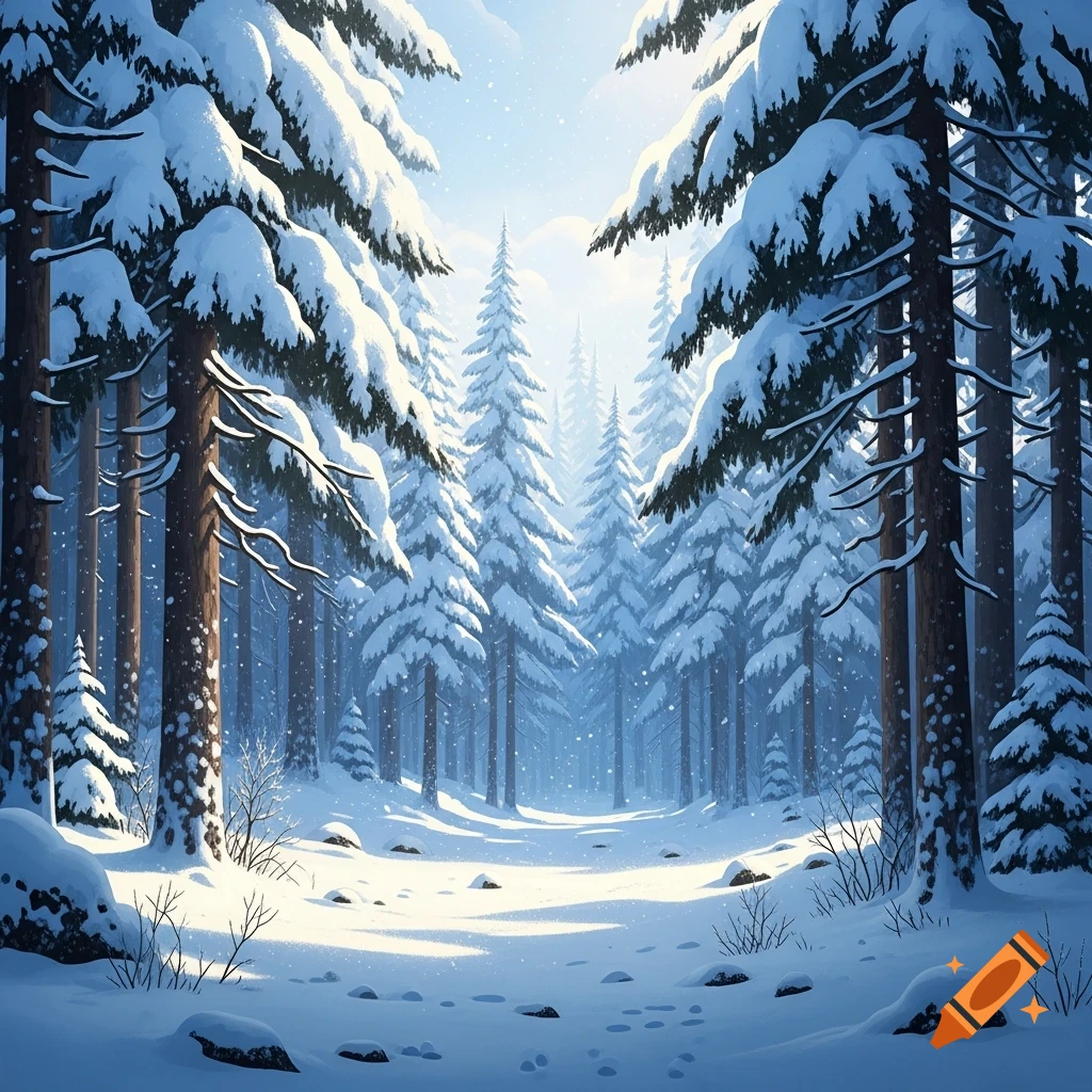 A serene, snowy winter forest scene with tall pine trees heavily laden ...